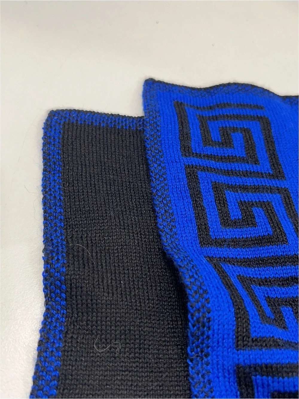 Versace Black and Royal Blue Greek Key Knit Scarf